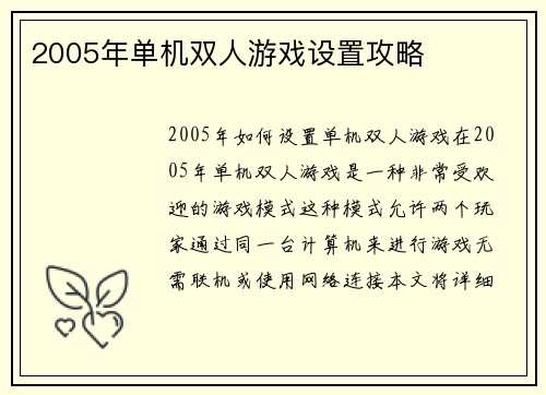 2005年单机双人游戏设置攻略